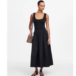 Madewell Mixed Poplin Scoopneck Maxi Dress Jet Black Sleeveless Size L NWT